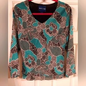 Nwot - Tracy Lynn teal and black long sheer sleeves top size 8